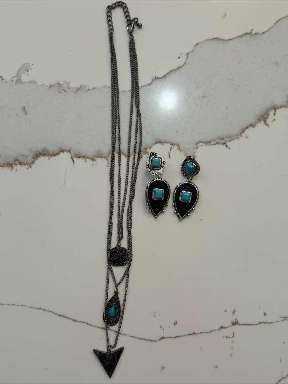 Turquoise Accent Layered Necklace and Earrings Set - Silver-Tone